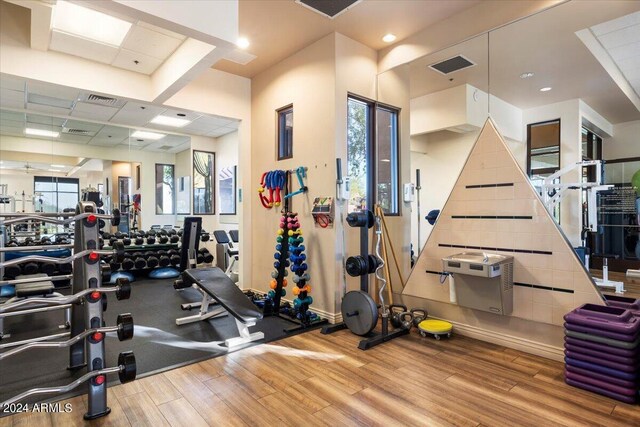 workout area with light hardwood / wood-style flooring