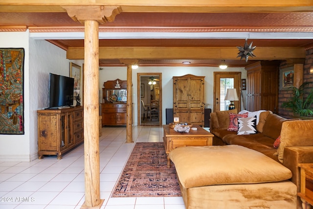 tiled living room with beamed ceiling and ornamental molding