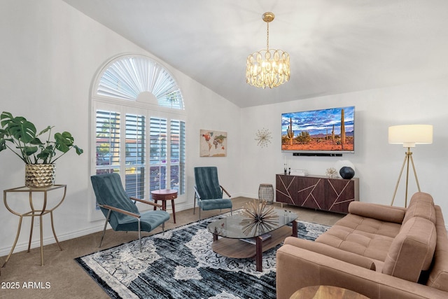 carpeted living room with baseboards, lofted ceiling, and a chandelier