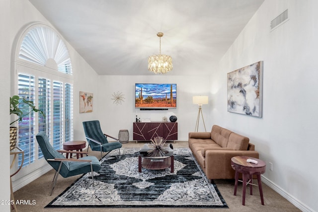 living room featuring carpet flooring, a chandelier, lofted ceiling, baseboards, and visible vents