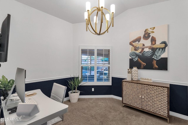 carpeted home office with baseboards, vaulted ceiling, and an inviting chandelier