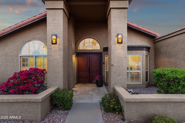 view of exterior entry with a tile roof and stucco siding