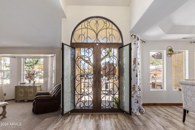 entrance foyer with plenty of natural light, a raised ceiling, hardwood / wood-style floors, and french doors