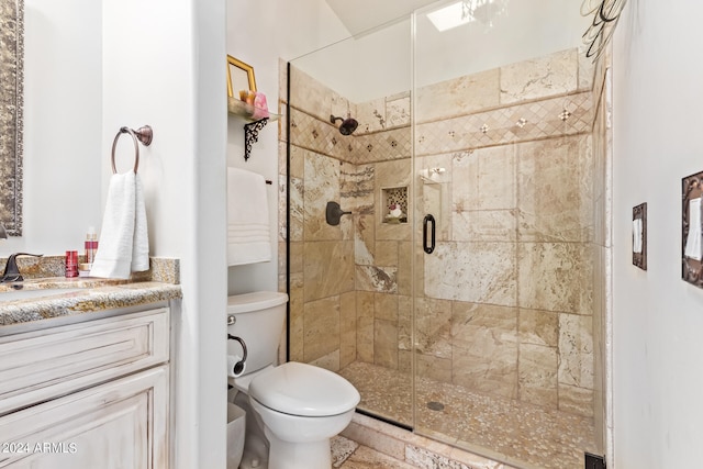 bathroom featuring toilet, vanity, and a shower with door