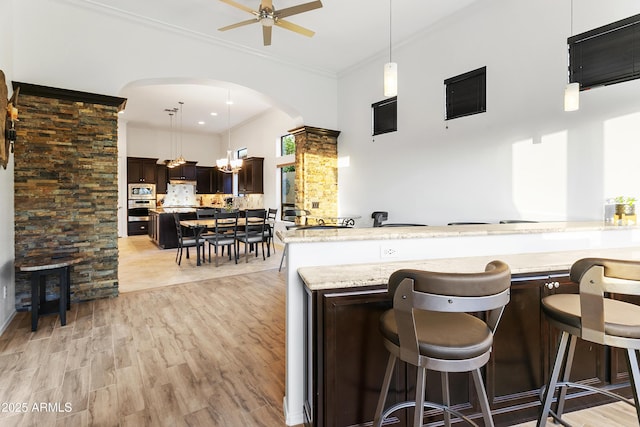 kitchen featuring tasteful backsplash, dark brown cabinets, light hardwood / wood-style floors, and hanging light fixtures