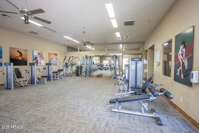 gym featuring carpet floors and ceiling fan