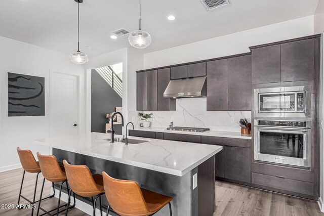 kitchen featuring stainless steel appliances, extractor fan, a center island with sink, and sink