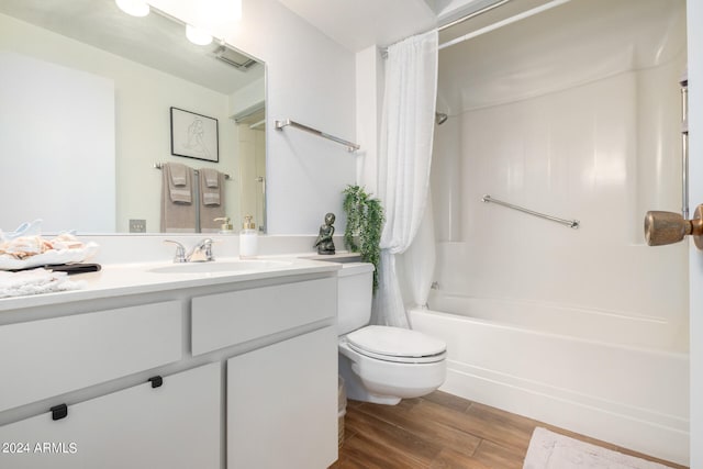 full bathroom with wood-type flooring, oversized vanity, toilet, and shower / bath combination with curtain