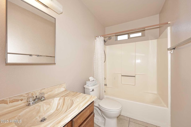 full bathroom featuring shower / bath combination with curtain, vanity, toilet, and tile patterned flooring