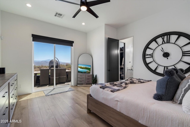 16533 E Dale Ln, Scottsdale, AZ 85262 - bedroom with access to outside, light wood-style floors, recessed lighting, and ceiling fan