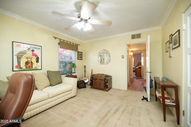 1441 E Hubbell St, Phoenix, AZ 85006 - living area with ornamental molding, light colored carpet, and ceiling fan
