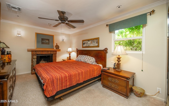 1441 E Hubbell St, Phoenix, AZ 85006 - carpeted bedroom with crown molding and a brick fireplace