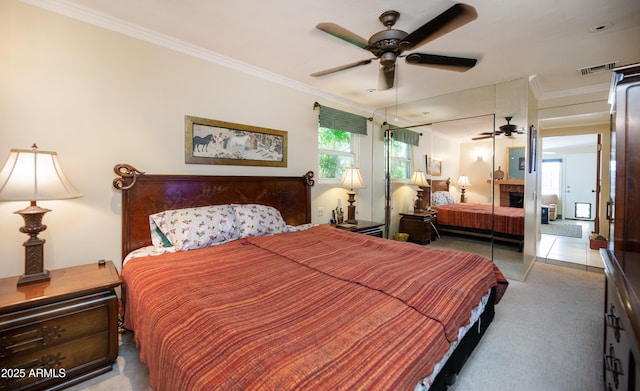 1441 E Hubbell St, Phoenix, AZ 85006 - bedroom featuring carpet flooring, crown molding, and ceiling fan