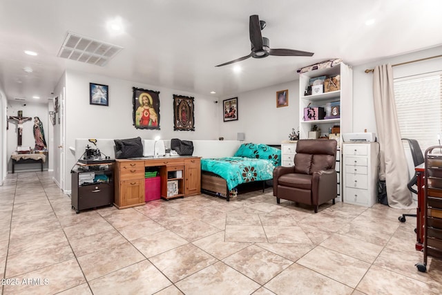 bedroom with light tile patterned floors, ceiling fan, visible vents, and recessed lighting