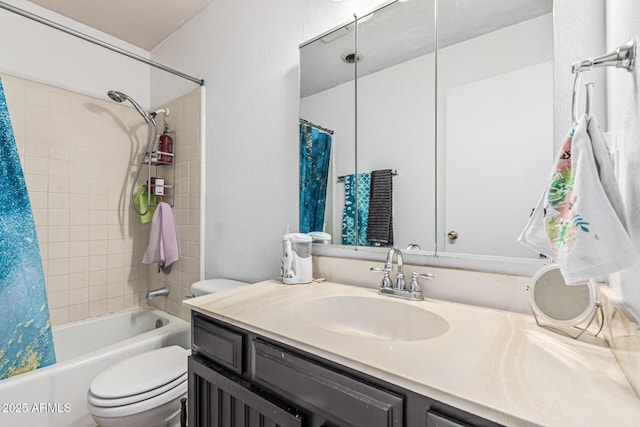 421 S 113th Way, Mesa, AZ 85208 - full bathroom featuring toilet, vanity, shower / bath combination with curtain, and a textured wall