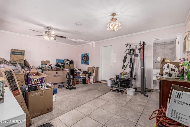 421 S 113th Way, Mesa, AZ 85208 - exercise room featuring light tile patterned floors, light carpet, ornamental molding, and ceiling fan