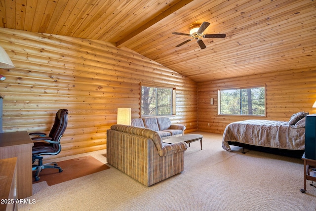 2288 Richenbacher Cir, Overgaard, AZ 85933 - carpeted bedroom with rustic walls, wood ceiling, an office area, and a ceiling fan