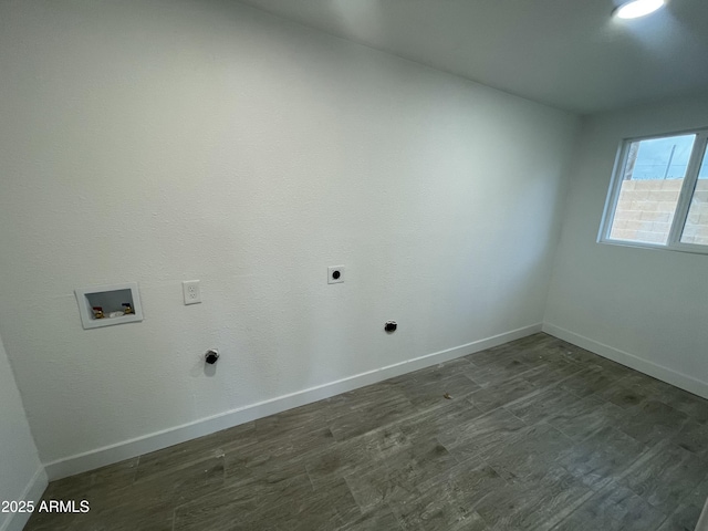 clothes washing area featuring washer hookup, baseboards, laundry area, hookup for an electric dryer, and dark wood-style floors