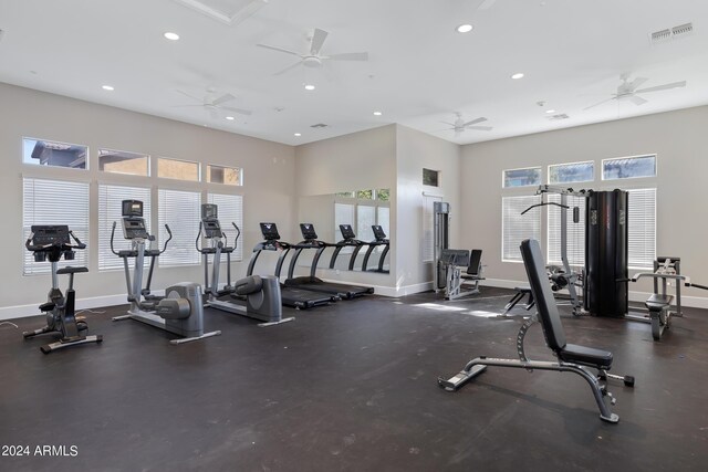 gym featuring ceiling fan