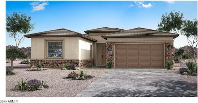 view of front of house with driveway, stone siding, an attached garage, and stucco siding