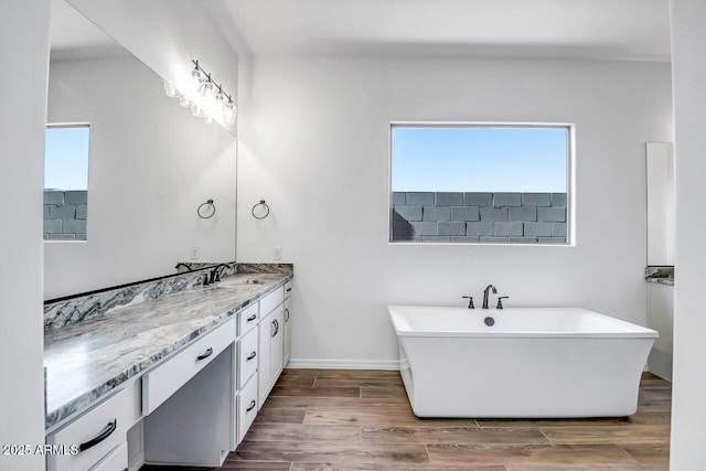 bathroom featuring vanity, a tub to relax in, and wood-type flooring