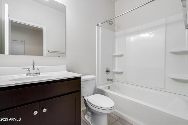 full bathroom with toilet, tile patterned flooring, washtub / shower combination, and vanity