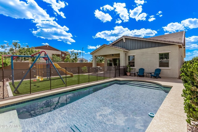 3031 S Valerie Dr, Chandler, AZ 85286 - view of swimming pool featuring fence, a ceiling fan, a patio, and a playground