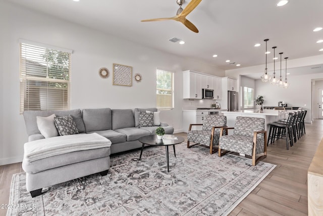 3031 S Valerie Dr, Chandler, AZ 85286 - living room featuring ceiling fan, plenty of natural light, and light wood-style flooring