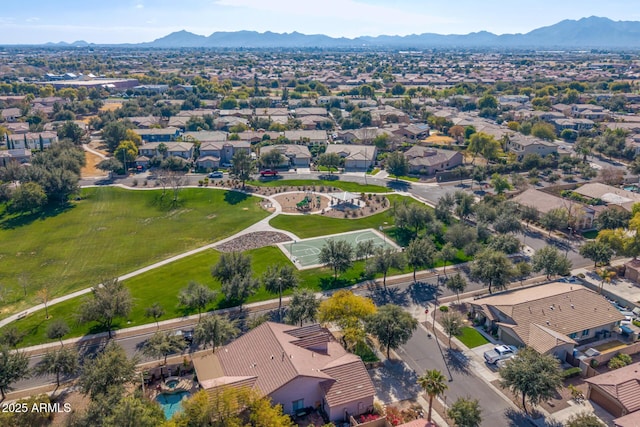 drone / aerial view featuring a mountain view