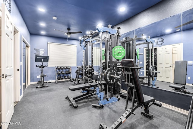 gym featuring ceiling fan