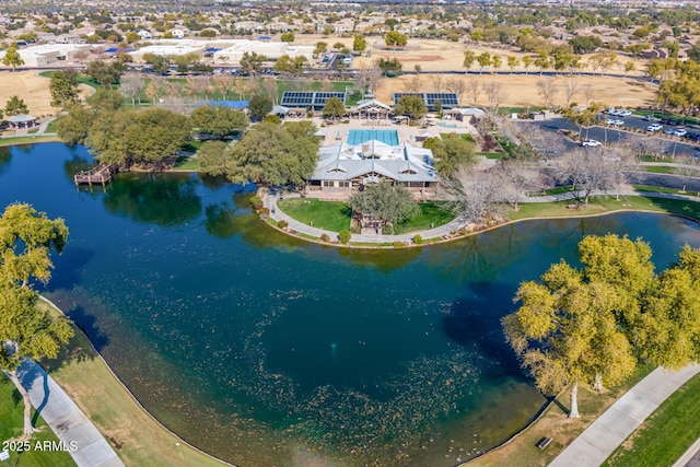 drone / aerial view featuring a water view