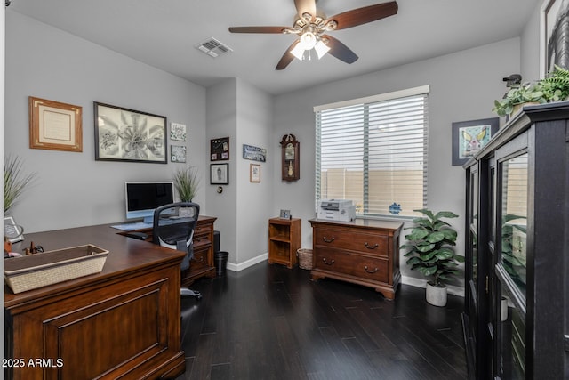 office with dark hardwood / wood-style floors and ceiling fan