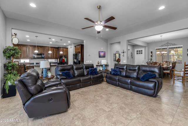 living room with ceiling fan