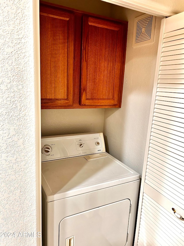 clothes washing area featuring cabinets and washer / dryer