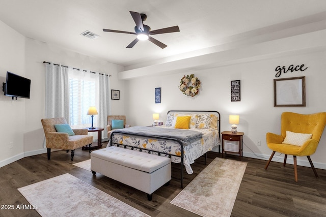 bedroom featuring ceiling fan and dark hardwood / wood-style flooring