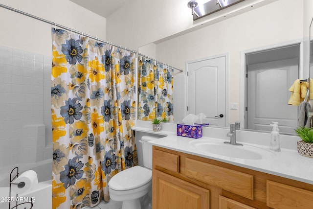 full bathroom featuring vanity, shower / bath combination with curtain, and toilet