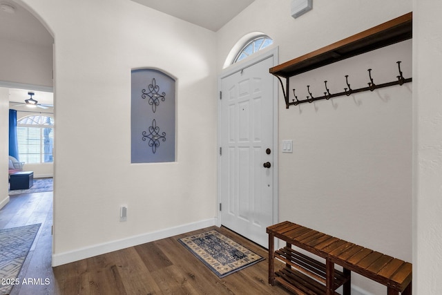 entryway featuring hardwood / wood-style floors and ceiling fan