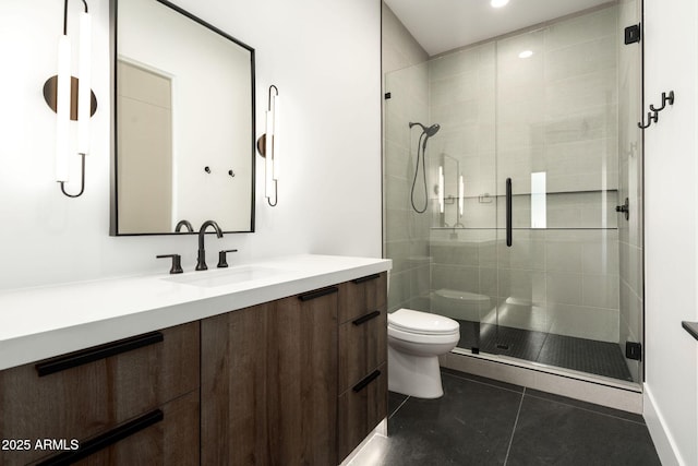 full bathroom featuring tile patterned flooring, a stall shower, toilet, and vanity