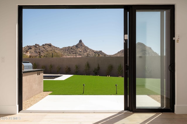 interior space featuring wood finished floors, a healthy amount of sunlight, and a mountain view