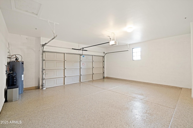 garage with water heater and a garage door opener