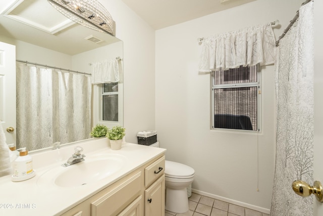 bathroom with vanity, visible vents, baseboards, tile patterned flooring, and toilet