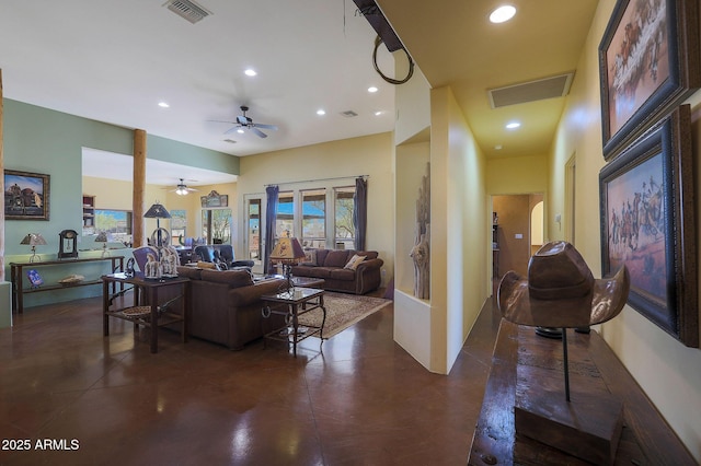 living room with ceiling fan