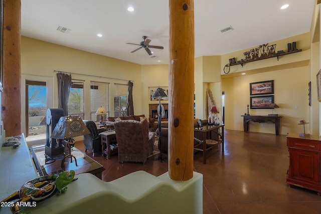 living room featuring ceiling fan