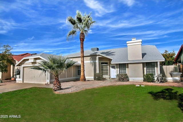 view of front of property with a front yard and a garage