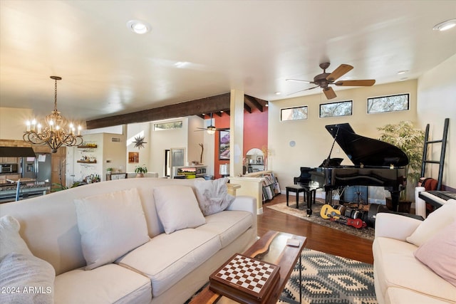 living room with beam ceiling, hardwood / wood-style floors, and ceiling fan with notable chandelier