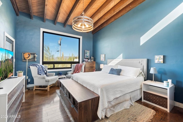 bedroom with wooden ceiling, dark hardwood / wood-style flooring, high vaulted ceiling, beamed ceiling, and a notable chandelier