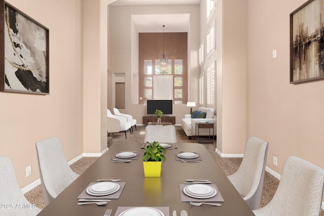 22063 N 77th St, Scottsdale, AZ 85255 - dining space featuring a chandelier, a towering ceiling, baseboards, and carpet flooring