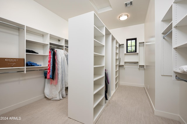 spacious closet featuring light carpet