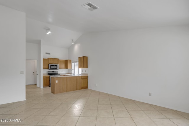 kitchen with visible vents, a peninsula, a sink, appliances with stainless steel finishes, and open floor plan