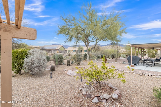 view of yard with a mountain view and a patio